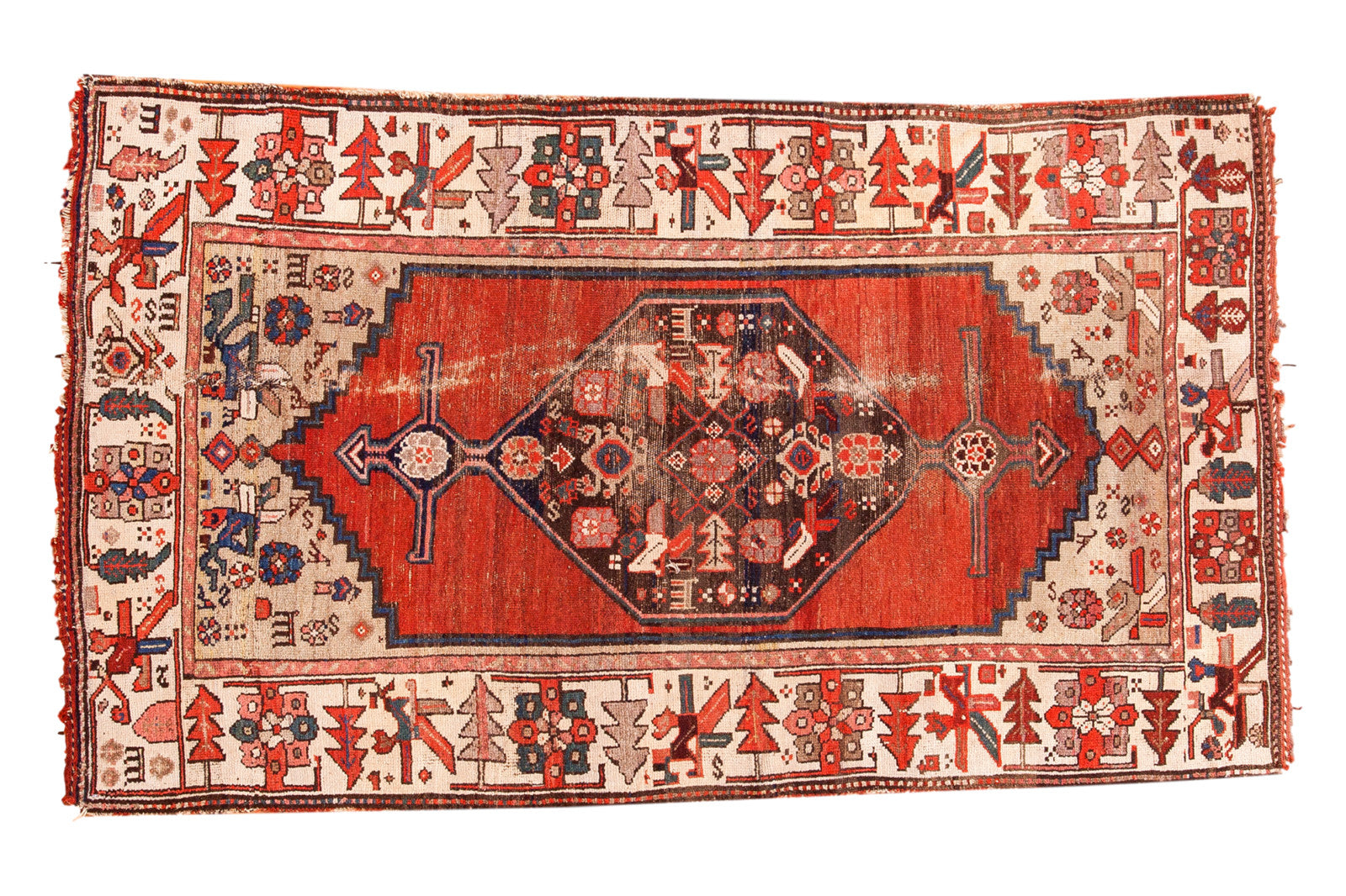 Vintage Kurdish Hamadan rug with cherry red medallion field, serpents, birds, and distressed texture.